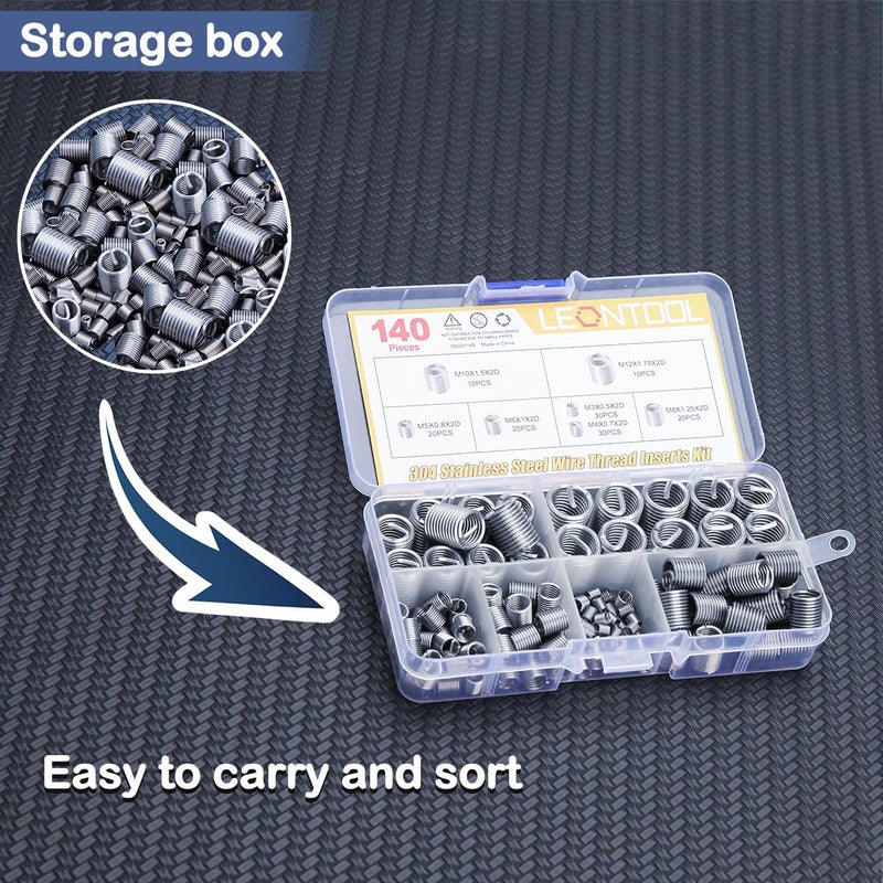 LEONTOOL 140 Pcs 304 Stainless Steel Wire Thread Inserts Steel Sheath Helical Type Coiled Wire Screw Repair Sleeve Assortment Kit Screws Sleeve Helicoil Type Thread Repair Kit Coiled Spiral Screw Kit - Image 3